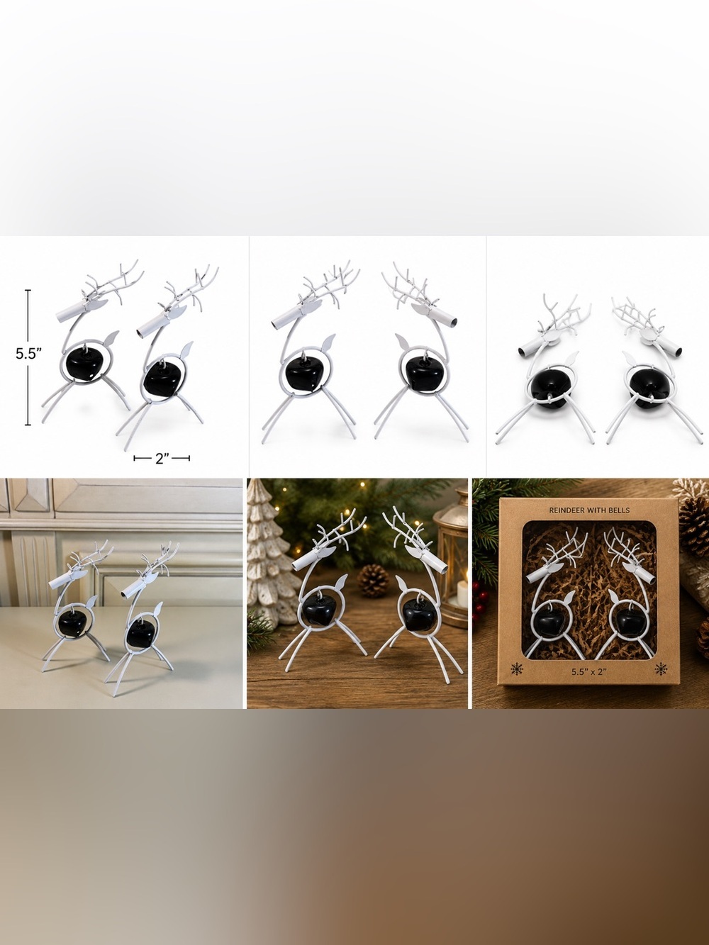 Set of 2 Modern White Metal Reindeer Bell Christmas Decorations Holiday Decor